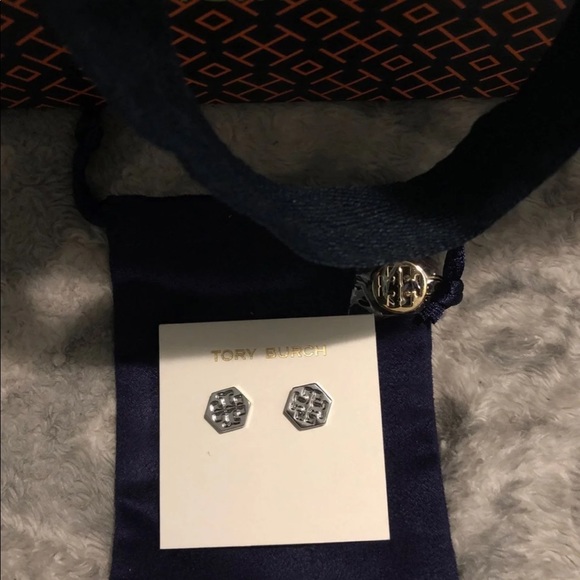 Hexagon Logo Stud Earrings. Jewelry Bag included